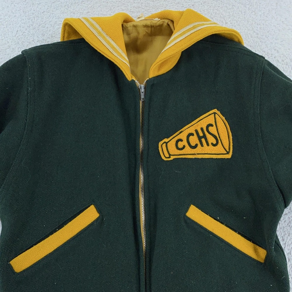 Vintage 60s ACCHS Varsity Jacket Womens CROP FIT S Green Yellow Wool Cheerleader